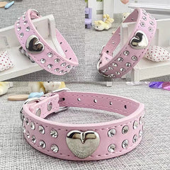 Collars Dog Bling Rhinestone Heart Necklace Adjustable Leather - PeticaDeals