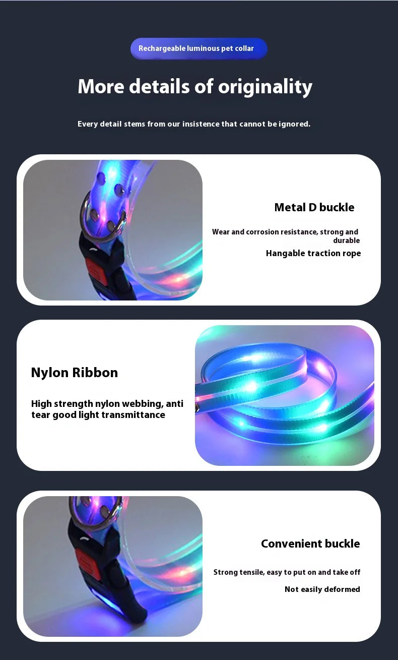 Colorful LED Luminous Collar Rechargeable Luminous Dog Rope Nylon - PeticaDeals