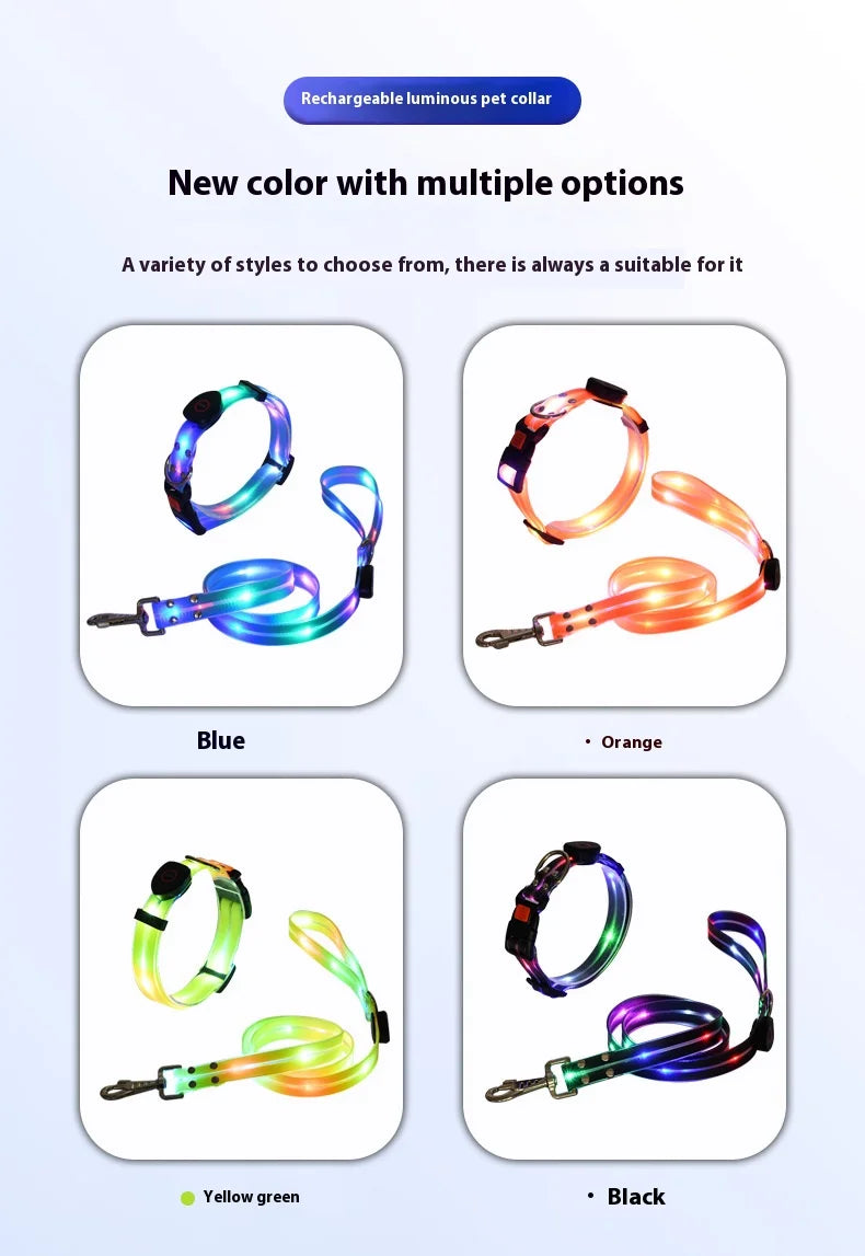 Colorful LED Luminous Collar Rechargeable Luminous Dog Rope Nylon - PeticaDeals