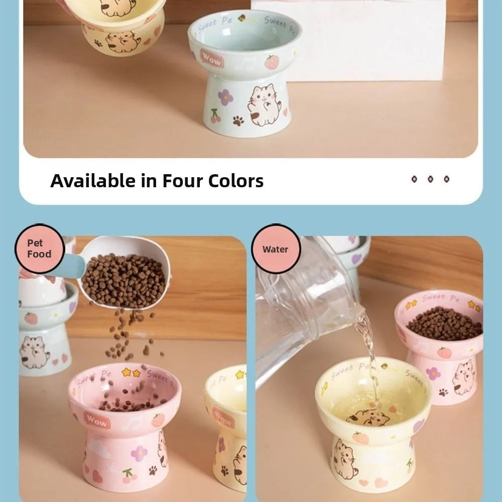 Creative Ceramic Cat Bowl Cute Large Capacity Pet High Foot Bowl Anti Tipping Non-slip Pet Drinking Feeder Kitten Puppy - PeticaDeals