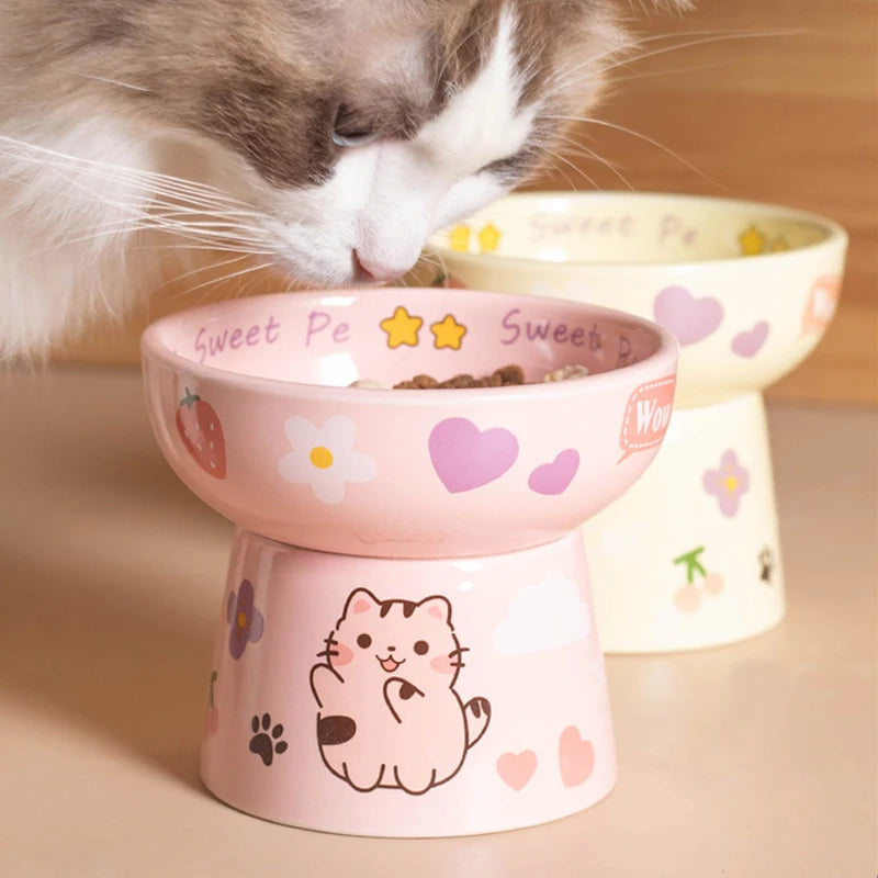 Creative Ceramic Cat Bowl Cute Large Capacity Pet High Foot Bowl Anti Tipping Non-slip Pet Drinking Feeder Kitten Puppy - PeticaDeals