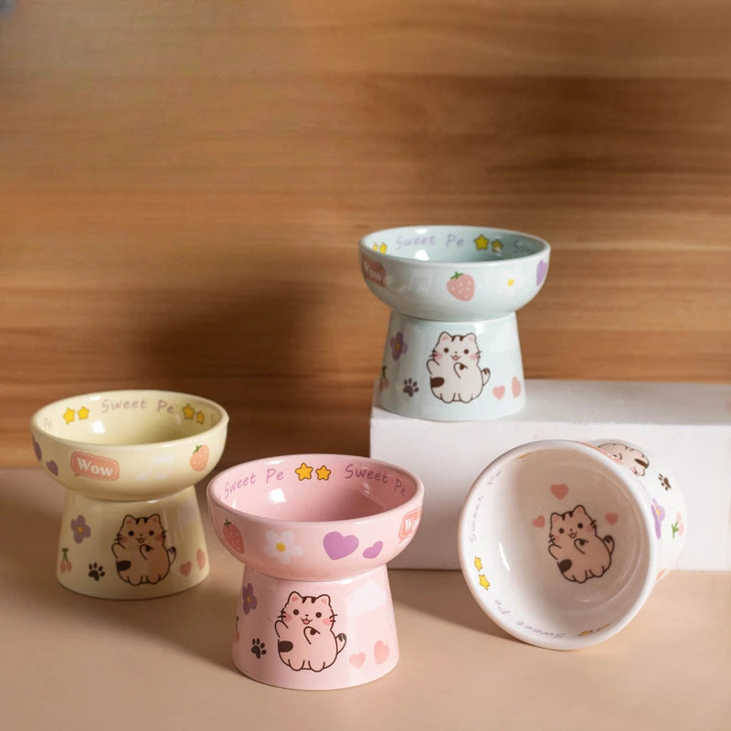 Creative Ceramic Cat Bowl Cute Large Capacity Pet High Foot Bowl Anti Tipping Non-slip Pet Drinking Feeder Kitten Puppy - PeticaDeals