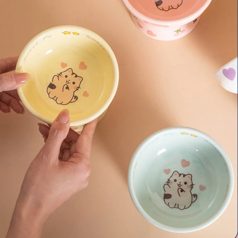 Creative Ceramic Cat Bowl Cute Large Capacity Pet High Foot Bowl Anti Tipping Non-slip Pet Drinking Feeder Kitten Puppy - PeticaDeals