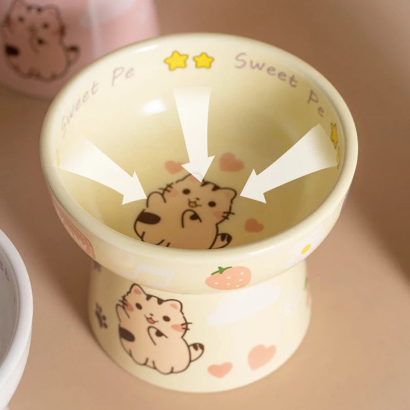Creative Ceramic Cat Bowl Cute Large Capacity Pet High Foot Bowl Anti Tipping Non-slip Pet Drinking Feeder Kitten Puppy - PeticaDeals