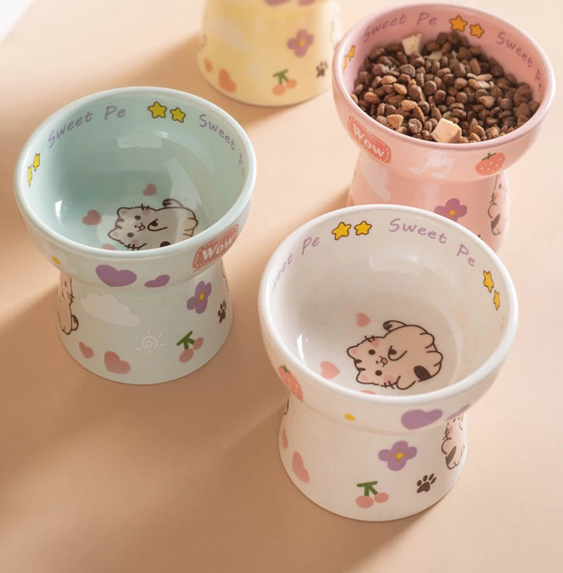 Creative Ceramic Cat Bowl Cute Large Capacity Pet High Foot Bowl Anti Tipping Non-slip Pet Drinking Feeder Kitten Puppy - PeticaDeals