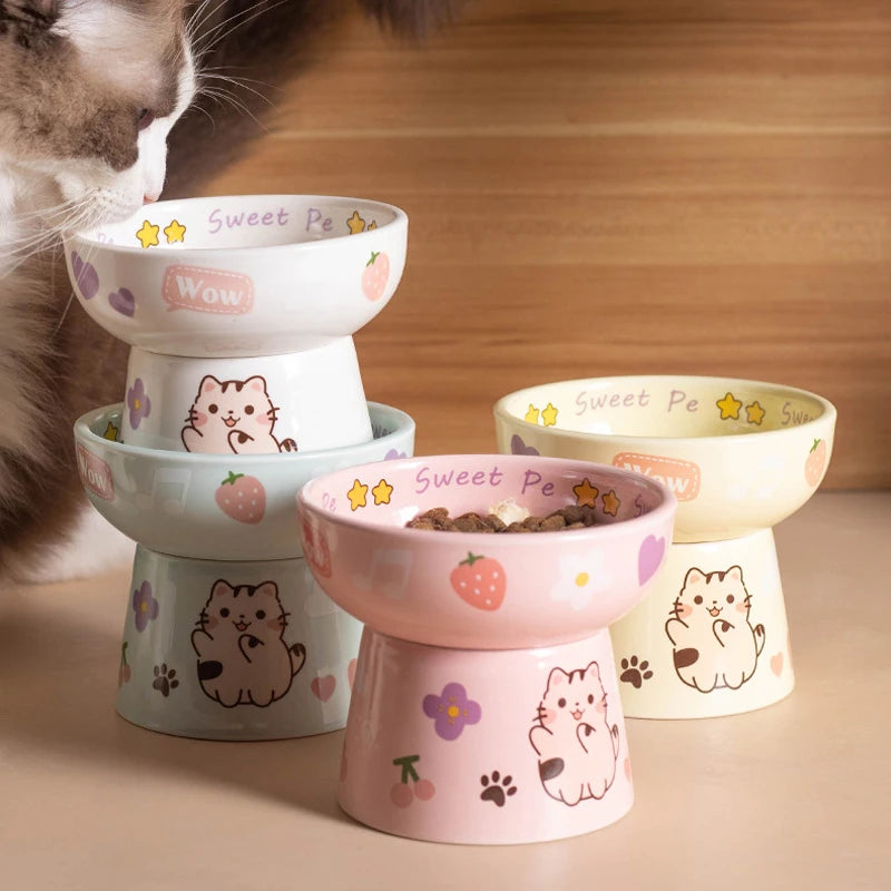 Creative Ceramic Cat Bowl Cute Large Capacity Pet High Foot Bowl Anti Tipping Non-slip Pet Drinking Feeder Kitten Puppy - PeticaDeals