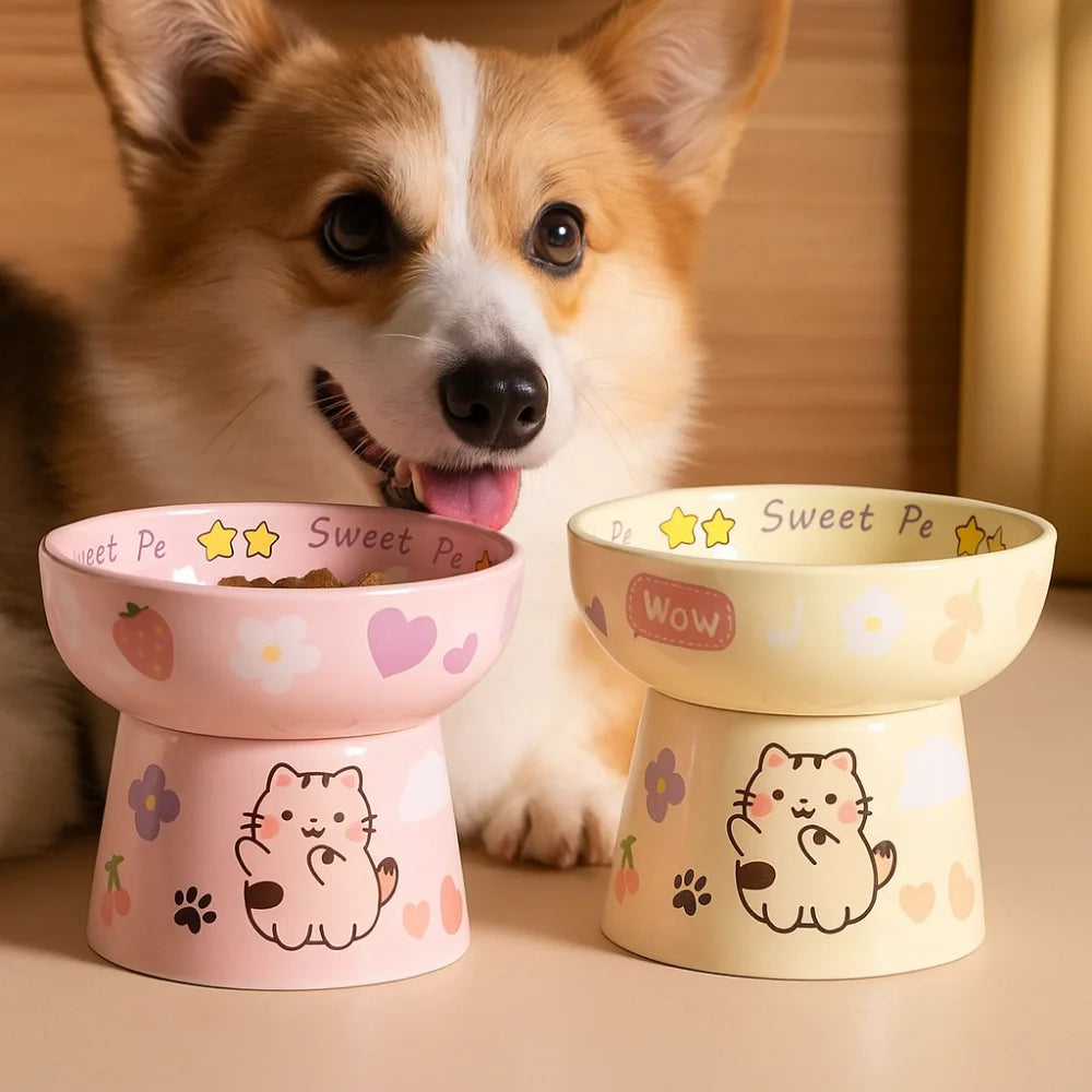 Creative Ceramic Cat Bowl Cute Large Capacity Pet High Foot Bowl Anti Tipping Non-slip Pet Drinking Feeder Kitten Puppy - PeticaDeals