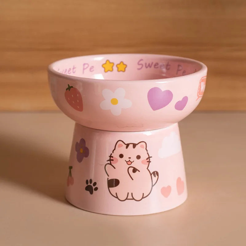 Creative Ceramic Cat Bowl Cute Large Capacity Pet High Foot Bowl Anti Tipping Non-slip Pet Drinking Feeder Kitten Puppy - PeticaDeals