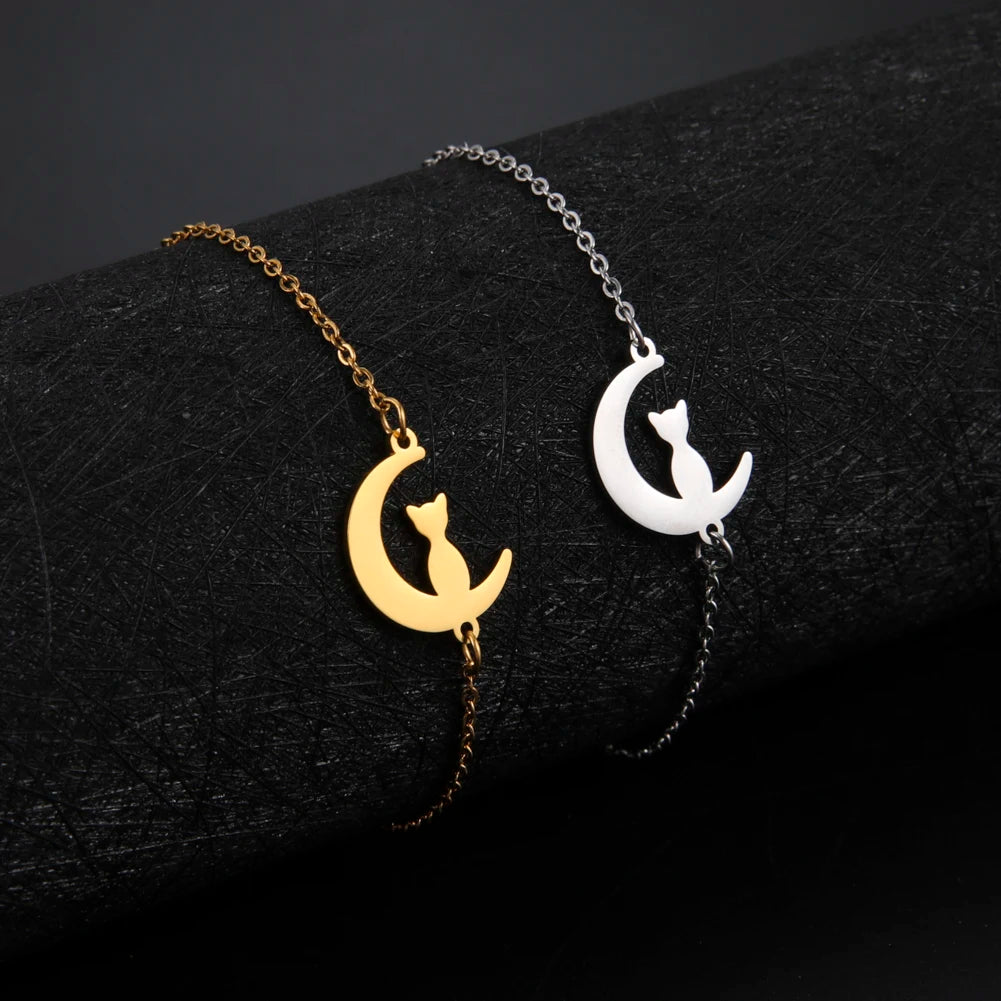 Crescent Moon Cute Cat Bracelets on Hand for Women Stainless Steel Charm Bracelets - PeticaDeals