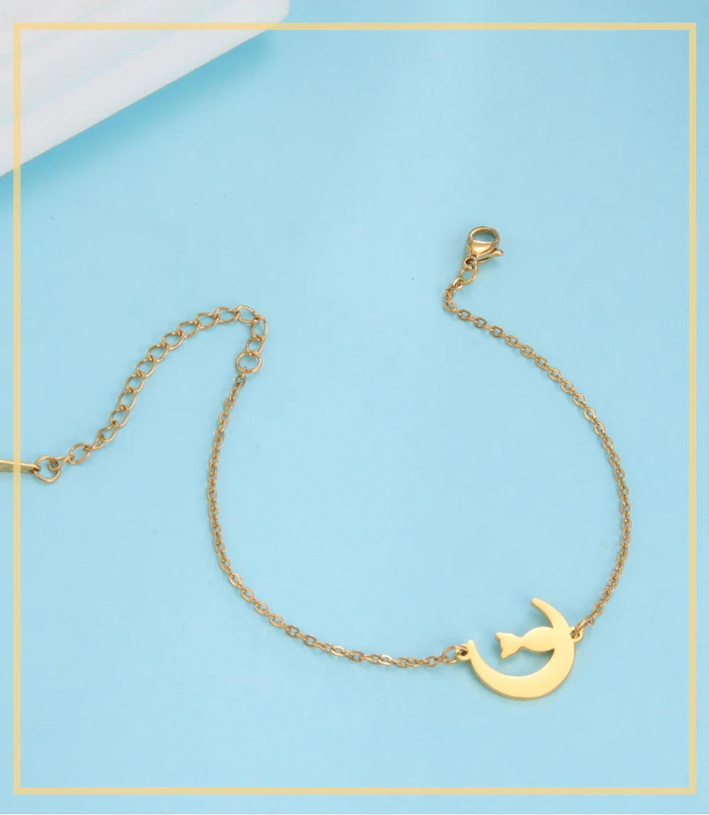 Crescent Moon Cute Cat Bracelets on Hand for Women Stainless Steel Charm Bracelets - PeticaDeals