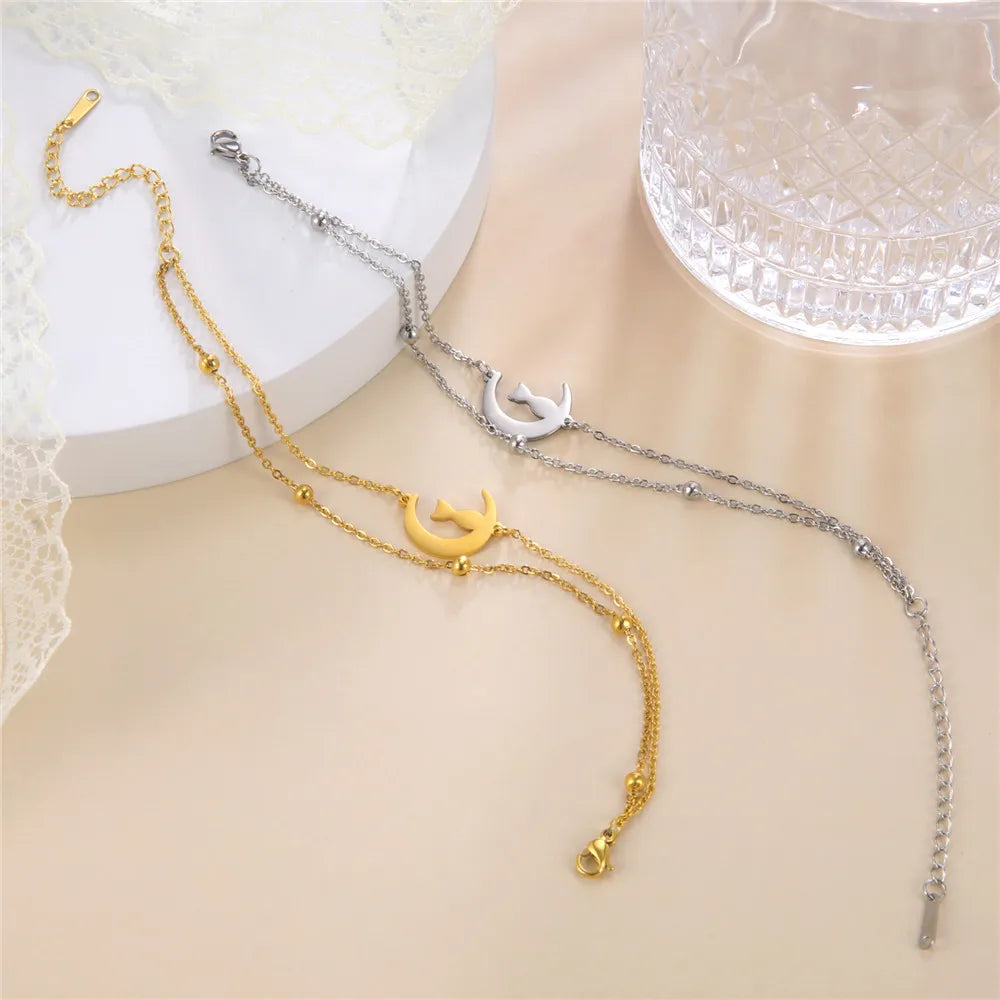 Crescent Moon Cute Cat Bracelets on Hand for Women Stainless Steel Charm Bracelets - PeticaDeals