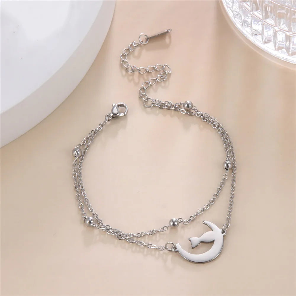 Crescent Moon Cute Cat Bracelets on Hand for Women Stainless Steel Charm Bracelets - PeticaDeals
