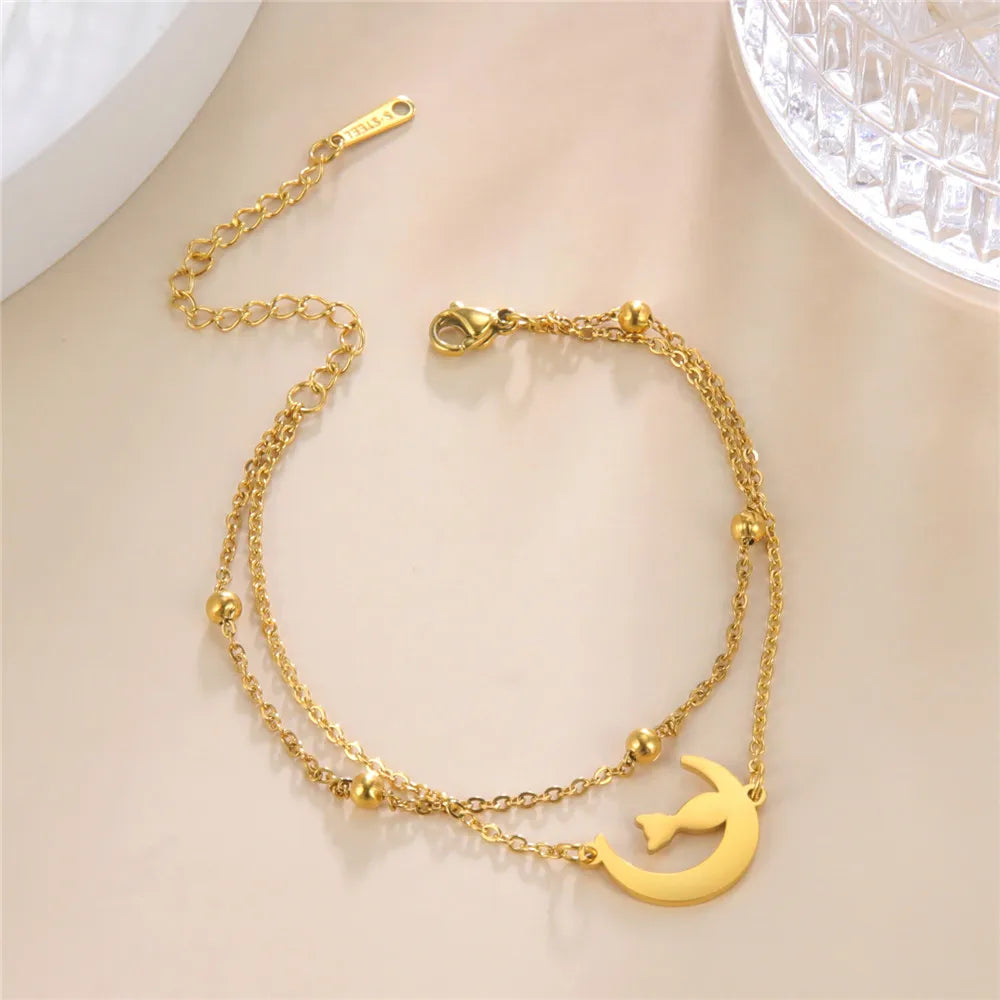 Crescent Moon Cute Cat Bracelets on Hand for Women Stainless Steel Charm Bracelets - PeticaDeals
