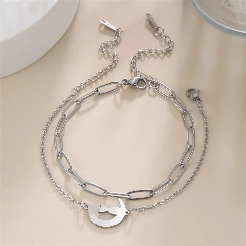 Crescent Moon Cute Cat Bracelets on Hand for Women Stainless Steel Charm Bracelets - PeticaDeals