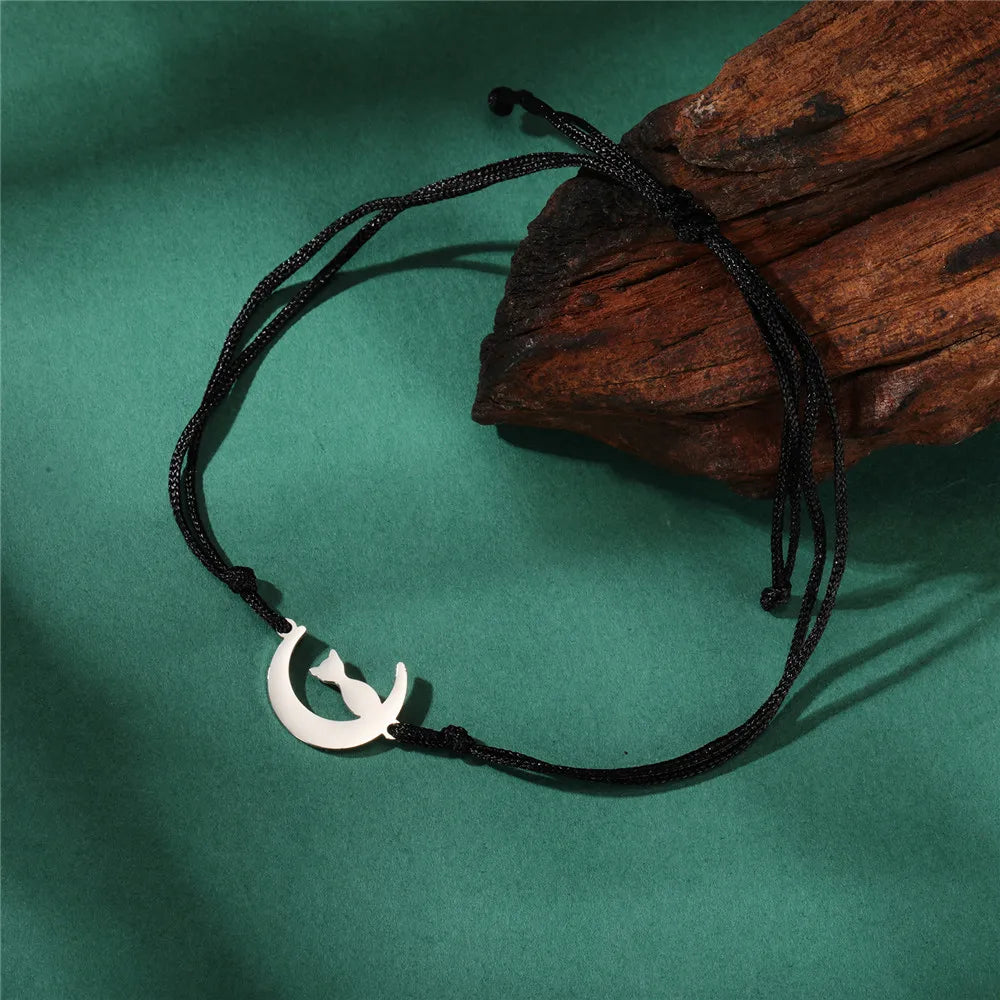 Crescent Moon Cute Cat Bracelets on Hand for Women Stainless Steel Charm Bracelets - PeticaDeals