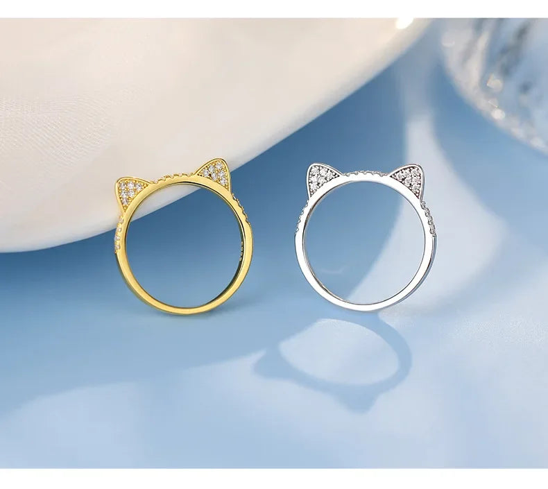 Cute Animal Fine Jewelry Sterling Silver Zircon Cat Adjustable Ring for Women - PeticaDeals