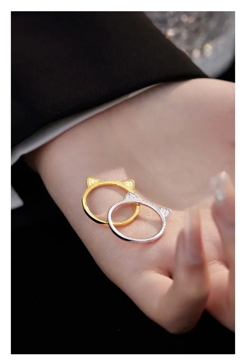 Cute Animal Fine Jewelry Sterling Silver Zircon Cat Adjustable Ring for Women - PeticaDeals