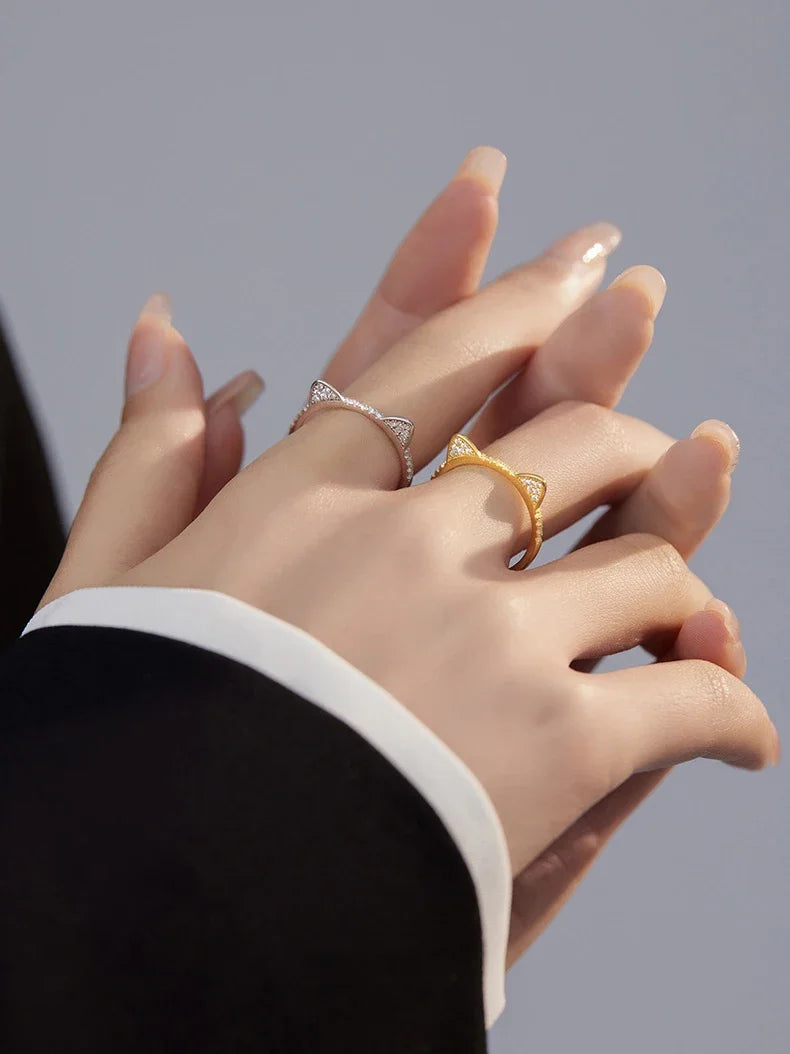 Cute Animal Fine Jewelry Sterling Silver Zircon Cat Adjustable Ring for Women - PeticaDeals