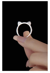 Cute Animal Fine Jewelry Sterling Silver Zircon Cat Adjustable Ring for Women - PeticaDeals