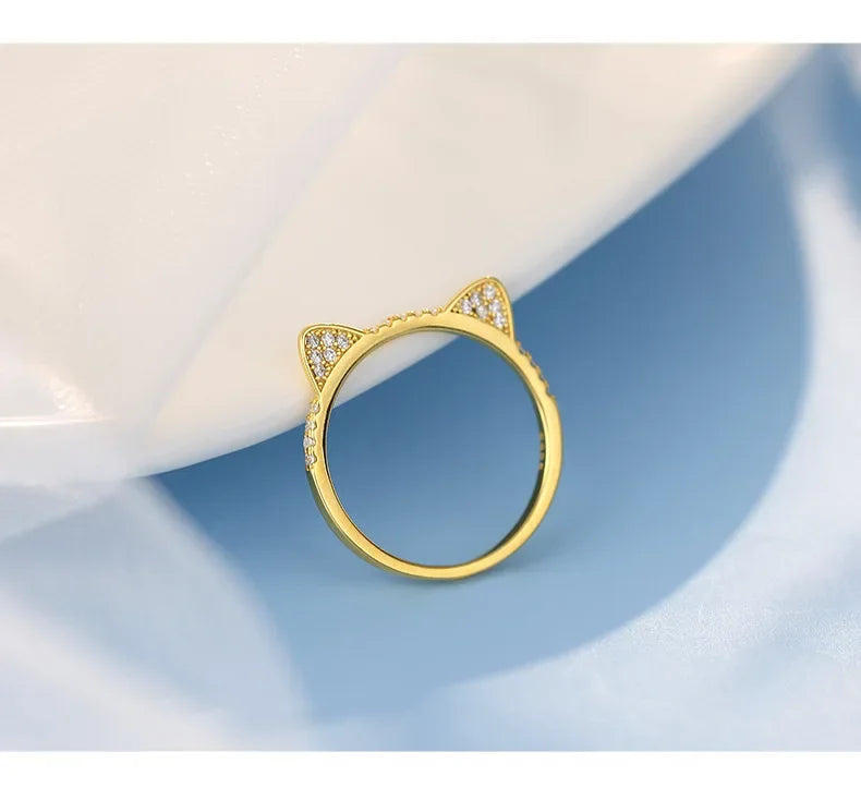 Cute Animal Fine Jewelry Sterling Silver Zircon Cat Adjustable Ring for Women - PeticaDeals