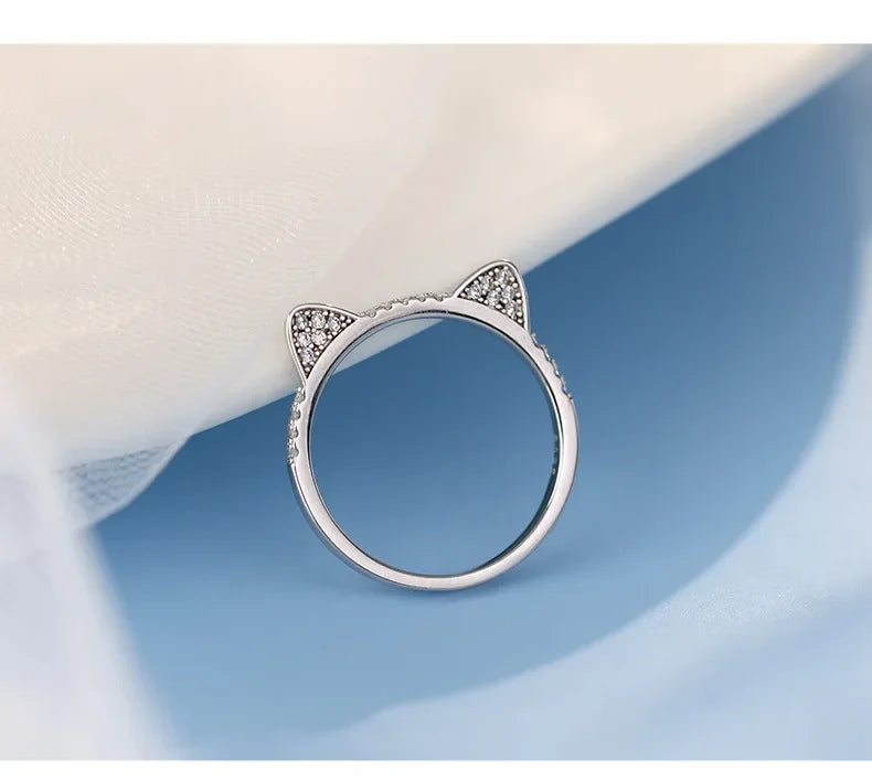 Cute Animal Fine Jewelry Sterling Silver Zircon Cat Adjustable Ring for Women - PeticaDeals