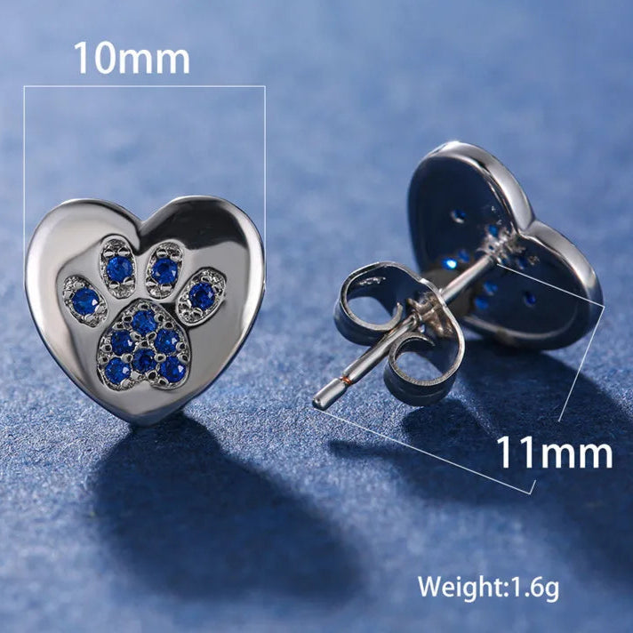 Cute Cat Dog Paw Stud Earrings For Women Silver Color Green Pink Purple Zircon Heart Earring Wedding Jewelry  - PeticaDeals