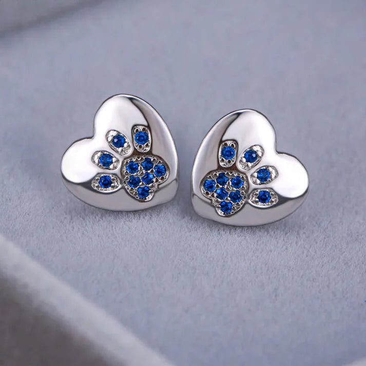 Cute Cat Dog Paw Stud Earrings For Women Silver Color Green Pink Purple Zircon Heart Earring Wedding Jewelry  - PeticaDeals