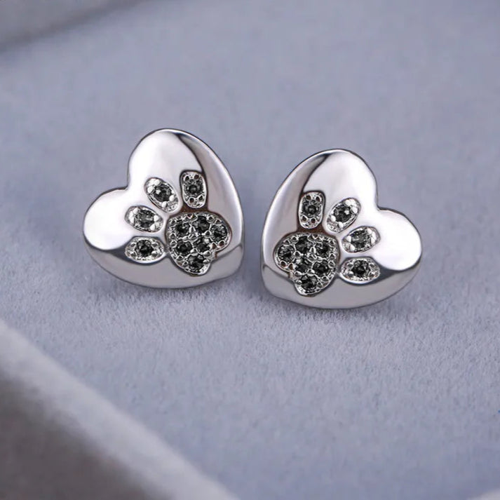 Cute Cat Dog Paw Stud Earrings For Women Silver Color Green Pink Purple Zircon Heart Earring Wedding Jewelry  - PeticaDeals