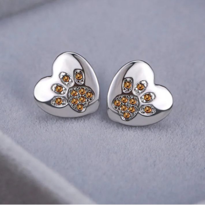 Cute Cat Dog Paw Stud Earrings For Women Silver Color Green Pink Purple Zircon Heart Earring Wedding Jewelry  - PeticaDeals