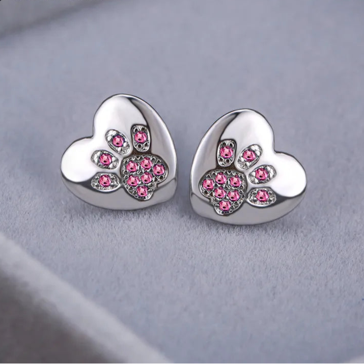 Cute Cat Dog Paw Stud Earrings For Women Silver Color Green Pink Purple Zircon Heart Earring Wedding Jewelry  - PeticaDeals