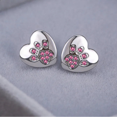 Cute Cat Dog Paw Stud Earrings For Women Silver Color Green Pink Purple Zircon Heart Earring Wedding Jewelry  - PeticaDeals