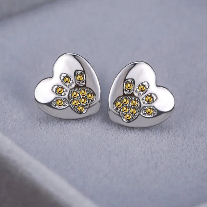 Cute Cat Dog Paw Stud Earrings For Women Silver Color Green Pink Purple Zircon Heart Earring Wedding Jewelry  - PeticaDeals