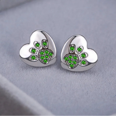 Cute Cat Dog Paw Stud Earrings For Women Silver Color Green Pink Purple Zircon Heart Earring Wedding Jewelry  - PeticaDeals