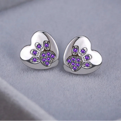 Cute Cat Dog Paw Stud Earrings For Women Silver Color Green Pink Purple Zircon Heart Earring Wedding Jewelry  - PeticaDeals