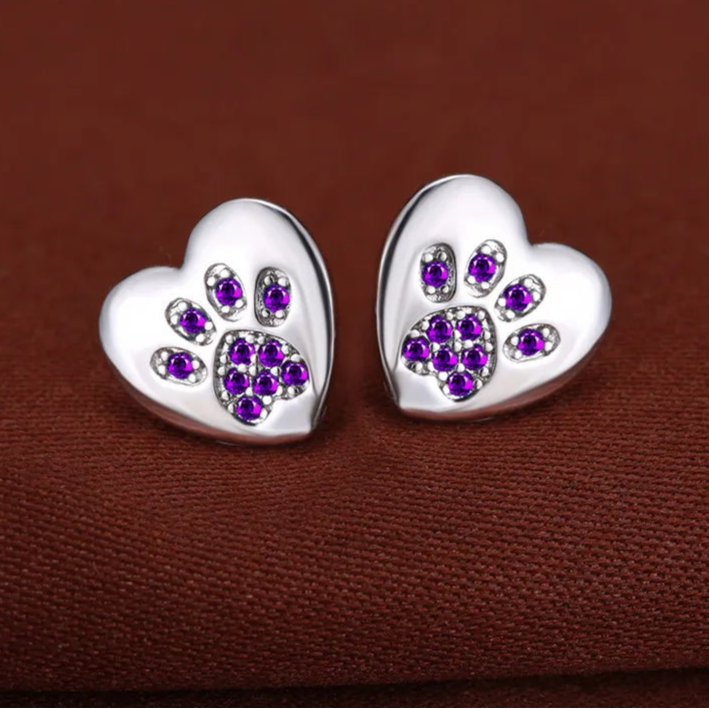 Cute Cat Dog Paw Stud Earrings For Women Silver Color Green Pink Purple Zircon Heart Earring Wedding Jewelry  - PeticaDeals