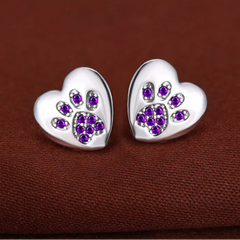 Cute Cat Dog Paw Stud Earrings For Women Silver Color Green Pink Purple Zircon Heart Earring Wedding Jewelry  - PeticaDeals