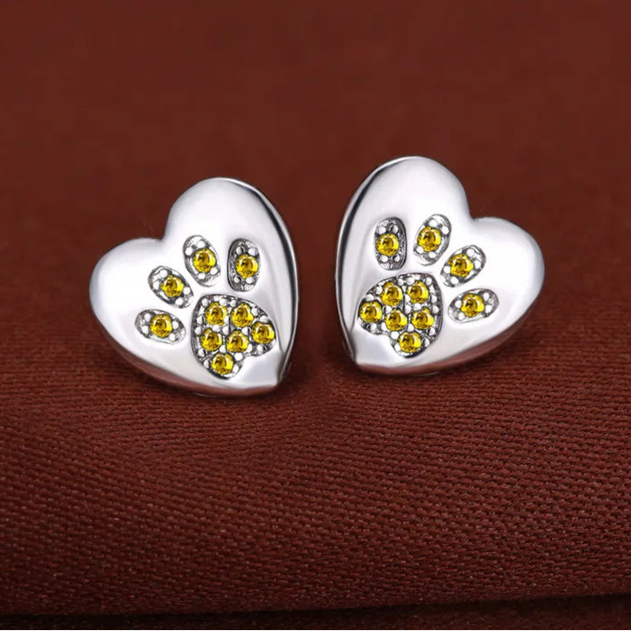 Cute Cat Dog Paw Stud Earrings For Women Silver Color Green Pink Purple Zircon Heart Earring Wedding Jewelry  - PeticaDeals