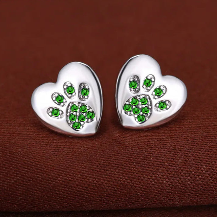 Cute Cat Dog Paw Stud Earrings For Women Silver Color Green Pink Purple Zircon Heart Earring Wedding Jewelry  - PeticaDeals