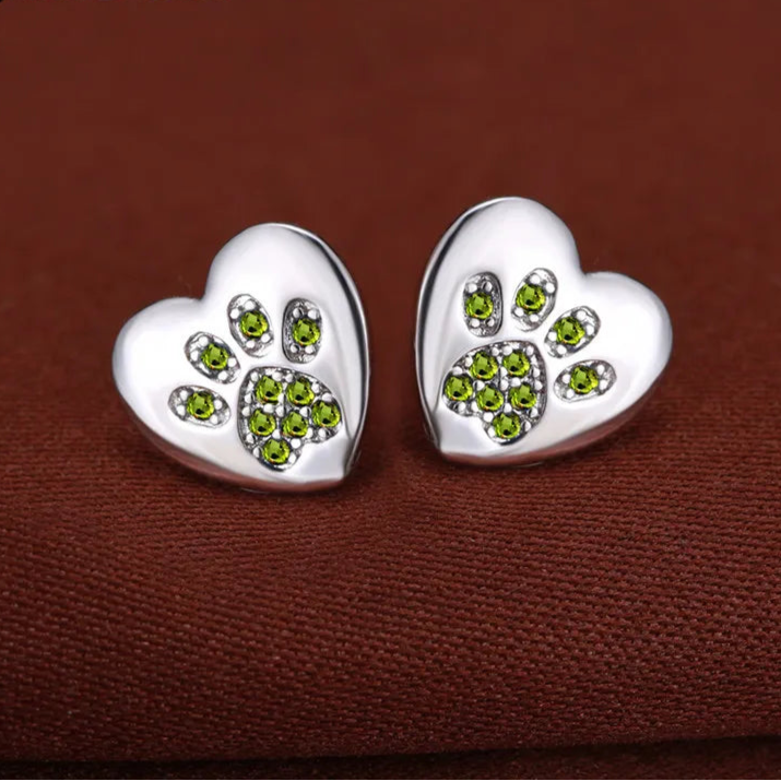 Cute Cat Dog Paw Stud Earrings For Women Silver Color Green Pink Purple Zircon Heart Earring Wedding Jewelry  - PeticaDeals