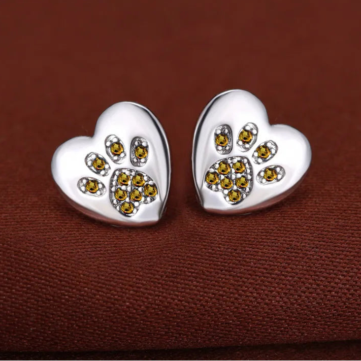 Cute Cat Dog Paw Stud Earrings For Women Silver Color Green Pink Purple Zircon Heart Earring Wedding Jewelry  - PeticaDeals