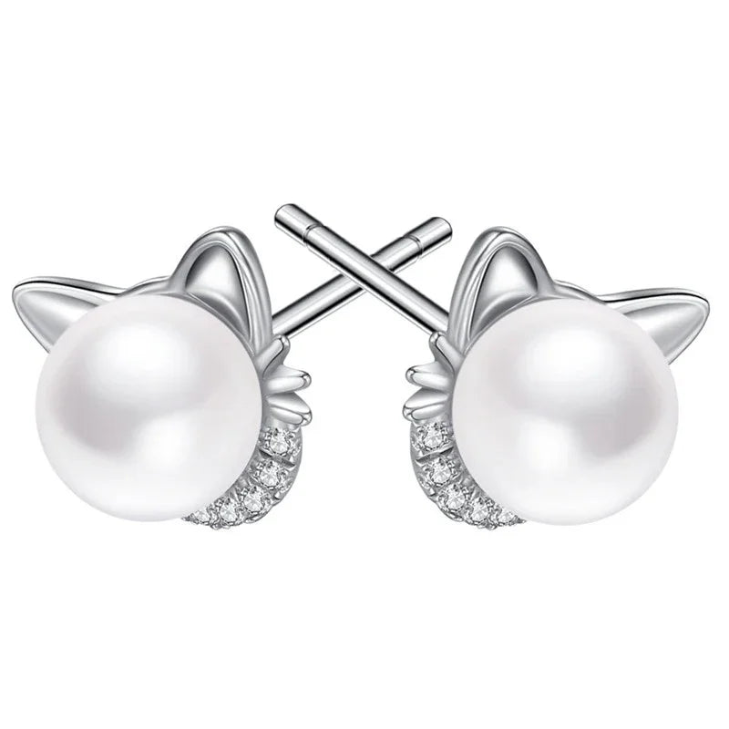 Cute Cat Imitation Pearl Stud Earrings with CZ Exquisite Girl Ear Piercing Earrings Fancy Statement Jewelry - PeticaDeals