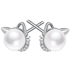 Cute Cat Imitation Pearl Stud Earrings with CZ Exquisite Girl Ear Piercing Earrings Fancy Statement Jewelry - PeticaDeals