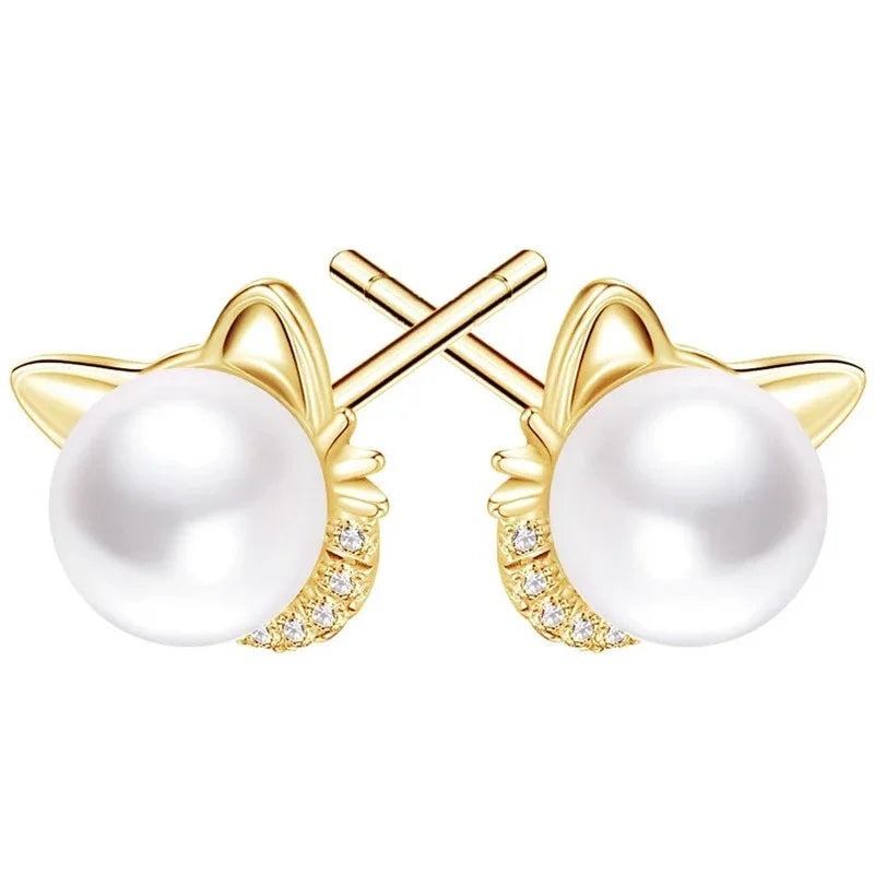 Cute Cat Imitation Pearl Stud Earrings with CZ Exquisite Girl Ear Piercing Earrings Fancy Statement Jewelry - PeticaDeals