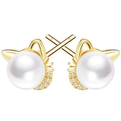Cute Cat Imitation Pearl Stud Earrings with CZ Exquisite Girl Ear Piercing Earrings Fancy Statement Jewelry - PeticaDeals