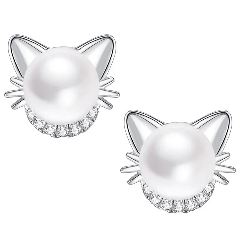 Cute Cat Imitation Pearl Stud Earrings with CZ Exquisite Girl Ear Piercing Earrings Fancy Statement Jewelry - PeticaDeals