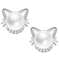 Cute Cat Imitation Pearl Stud Earrings with CZ Exquisite Girl Ear Piercing Earrings Fancy Statement Jewelry - PeticaDeals