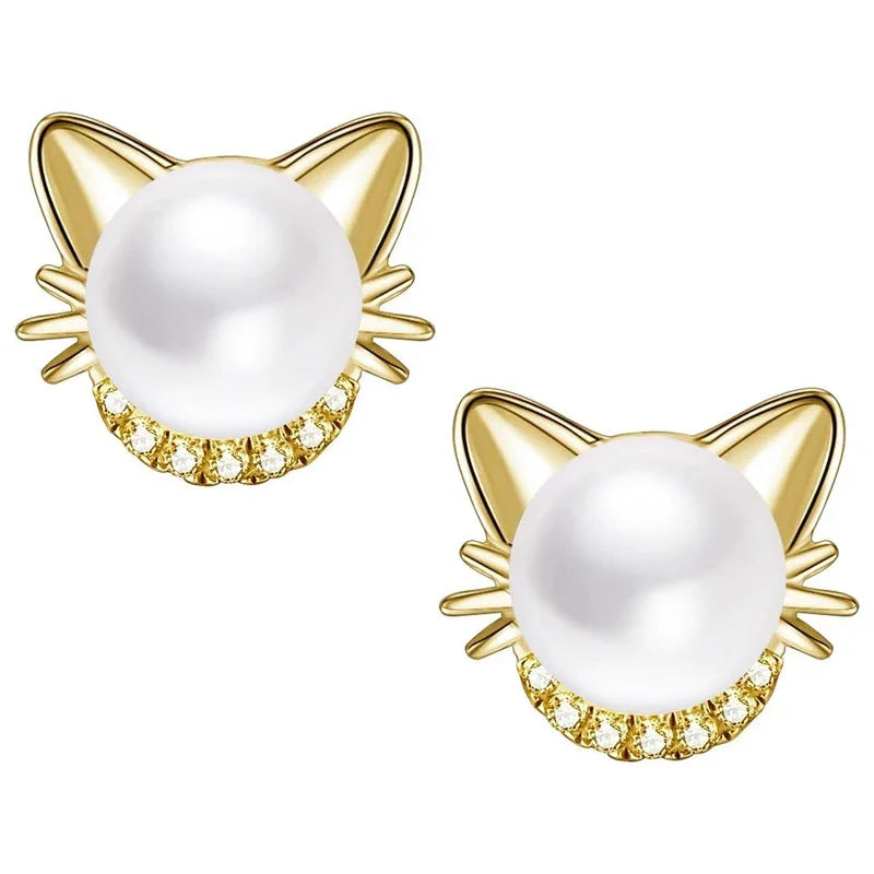 Cute Cat Imitation Pearl Stud Earrings with CZ Exquisite Girl Ear Piercing Earrings Fancy Statement Jewelry - PeticaDeals