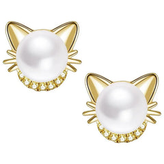 Cute Cat Imitation Pearl Stud Earrings with CZ Exquisite Girl Ear Piercing Earrings Fancy Statement Jewelry - PeticaDeals