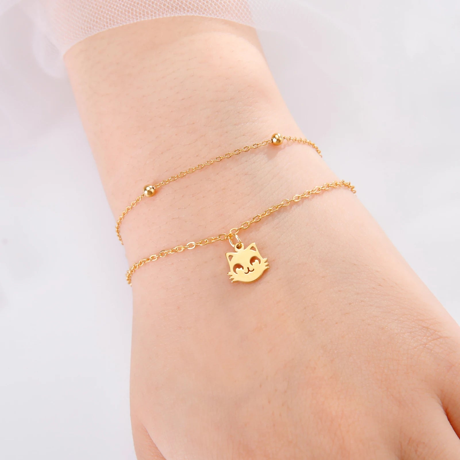 Cute Cat Kitten Head Bracelet for Women Stainless Steel Animal Double Chain Bracelet on Hand Jewelry - PeticaDeals