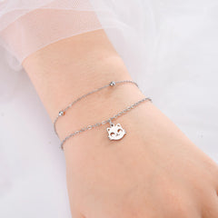 Cute Cat Kitten Head Bracelet for Women Stainless Steel Animal Double Chain Bracelet on Hand Jewelry - PeticaDeals